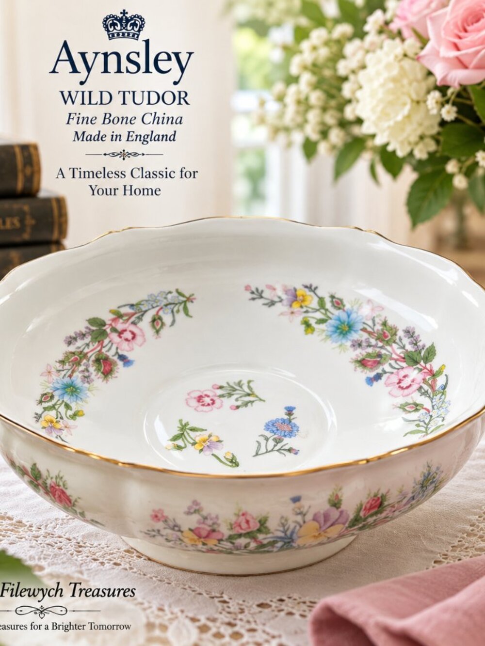 FB-10--Aynsley Wild Tudor Fine Bone China Floral Fruit Serving Bowl England